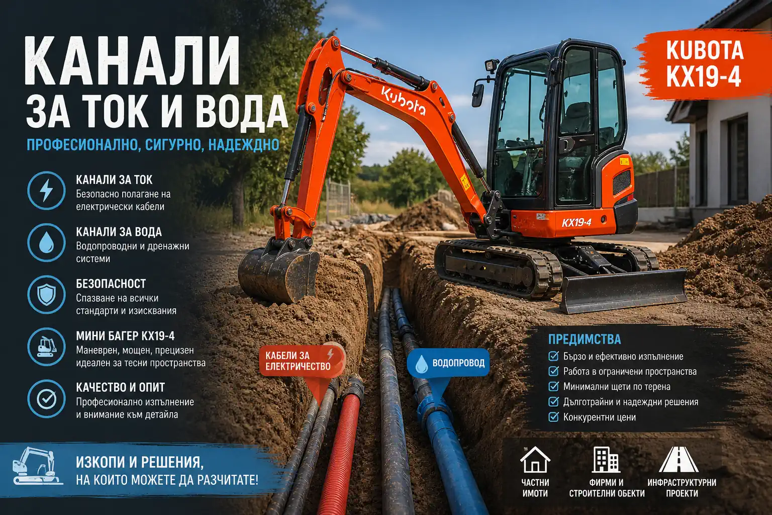 Изкоп за канали ток и вода